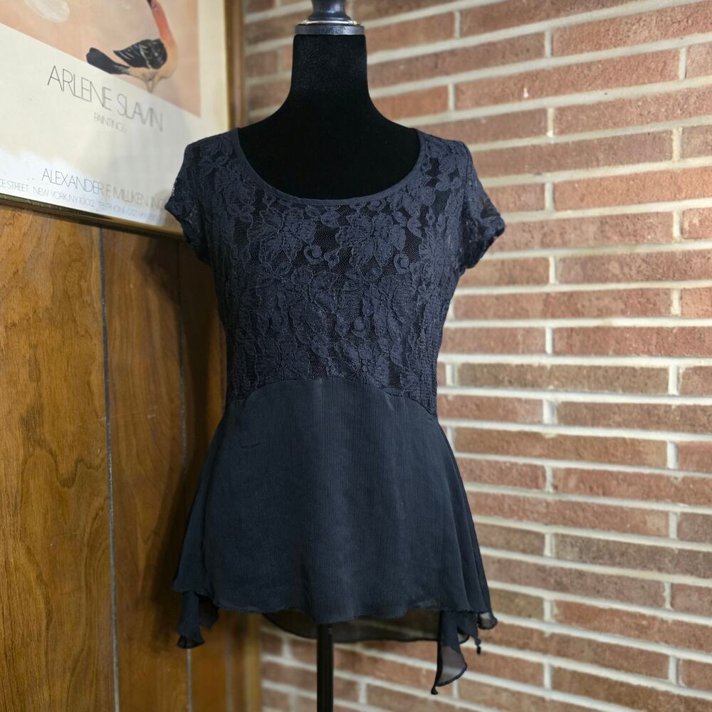 Studio Y Y2K Black Lace & Chiffon Handkerchief Hem Blouse Top - Size M